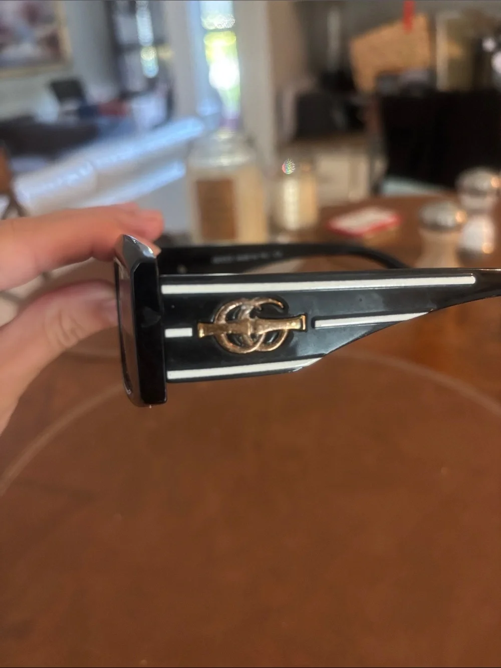 Black Rectangular Sunglasses with Gold Logo Accent